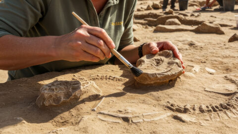 Archäologe reinigt eine Scherbe frei
